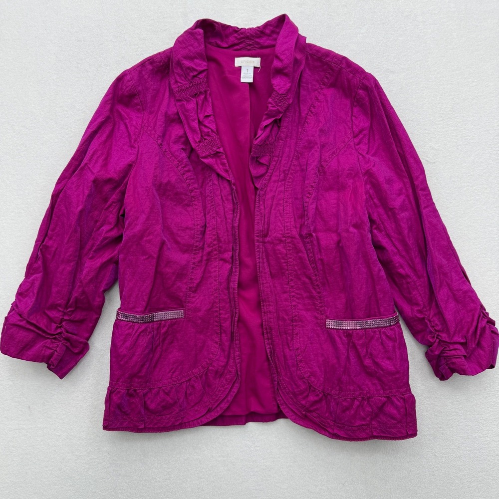 Chicos Size 1 S Small Magenta Ruffled Metallic Open Front Blazer Jacket Purple